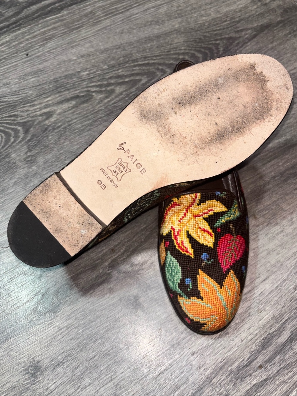 PAIGE Brown Floral Needlepoint Loafers with Yellow & Red Embroidery - Picture 2 of 5